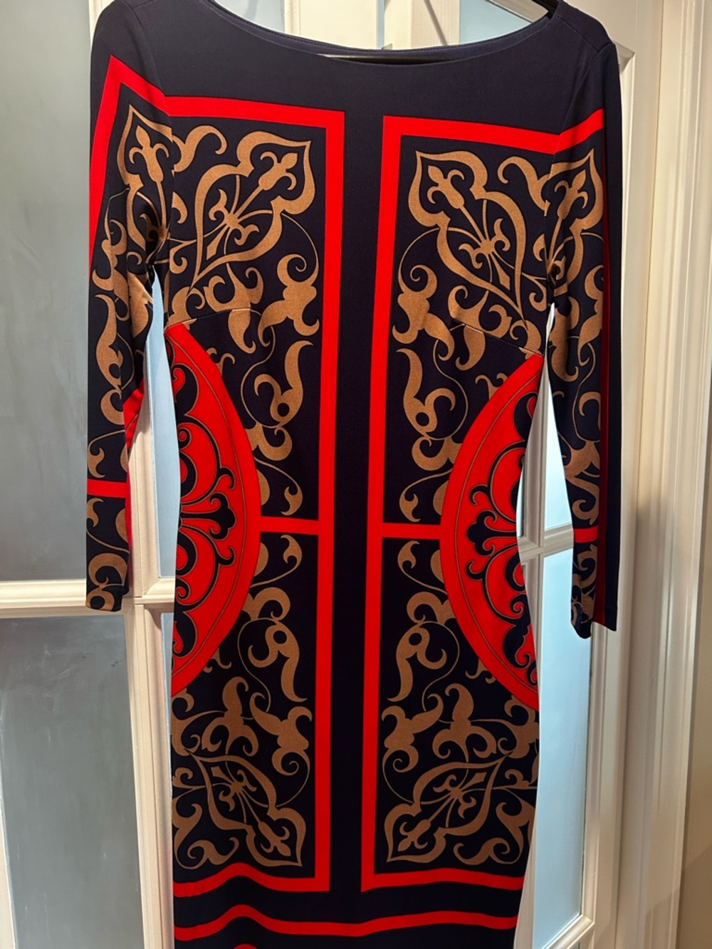 Cache Black Long-Sleeve Sheath Dress with Red and Tan Scroll Print